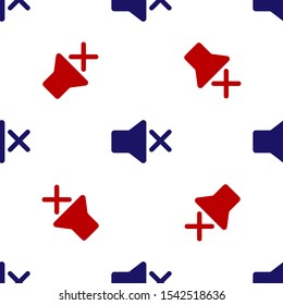 Blue and red Speaker mute icon isolated seamless pattern on white background. No sound icon. Volume Off symbol.  Vector Illustration