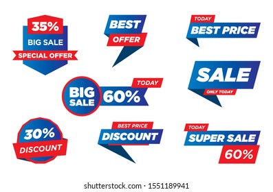 Blue and Red Special offer, big sale, discount, best price, mega sale banner set. Sticker, badge, coupon store. Vector Illustration