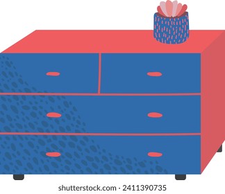 Blue and red speckled dresser with a decorative plant pot on top. Modern furniture design and interior decoration vector illustration.