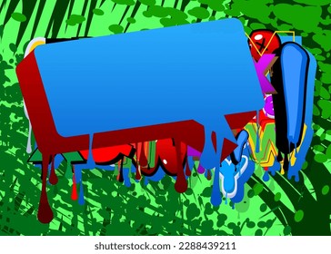 Blue and red Speech Bubble Graffiti on colorful Background. Vector illustration urban painting style backdrop. Abstract discussion symbol in modern dirty street art decoration.