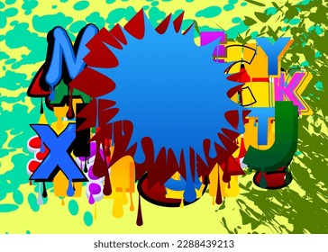 Blue and red Speech Bubble Graffiti on colorful Background. Vector illustration urban painting style backdrop. Abstract discussion symbol in modern dirty street art decoration.