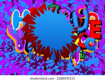 Blue and red Speech Bubble Graffiti on colorful Background. Vector illustration urban painting style backdrop. Abstract discussion symbol in modern dirty street art decoration.