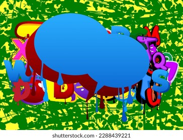 Graffiti de burbujas de discursos azul y rojo sobre fondo colorido. Ilustración vectorial de estilo de pintura urbana fondo. Símbolo abstracto de discusión en la moderna decoración de arte callejero sucio.