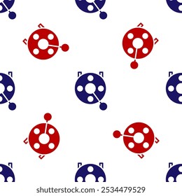 Blue and red Spinning reel for fishing icon isolated seamless pattern on white background. Fishing coil. Fishing tackle.  Vector