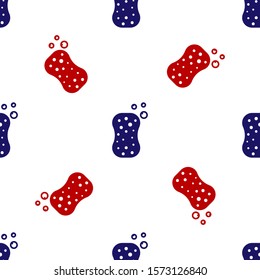 Blue and red Sponge with bubbles icon isolated seamless pattern on white background. Wisp of bast for washing dishes. Cleaning service logo.  Vector Illustration