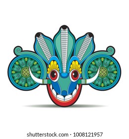 Blue & Red Sri Lankan Devil Dancing Mask With Big Teeth Vector Drawing