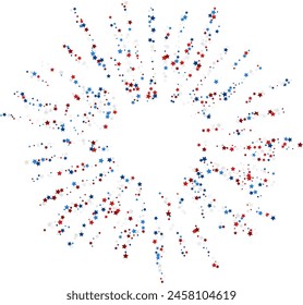 Blue and red stars confetti decoration. Rays from sparklers. Design element. Special effect on transparent background.