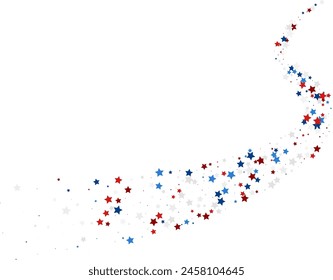Blue and red stars confetti decoration. Wavy path. Design element. Special effect on transparent background.