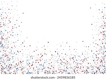 Blue and red stars confetti decoration. Horizontal down border from falling sparklers. Design element. Special effect on transparent background.