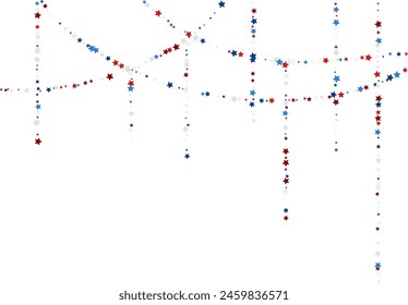 Blue and red stars confetti decoration. Top border from garland and falling sparklers. Design element. Special effect on transparent background.