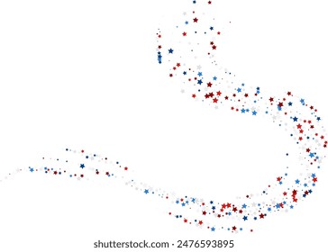 Blue and red stars confetti decoration. Wavy path. Design element. Special effect on transparent background.