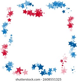 Blue and red stars confetti decoration. Frame from falling sparklers. Patriotic design element. Special effect on transparent background.