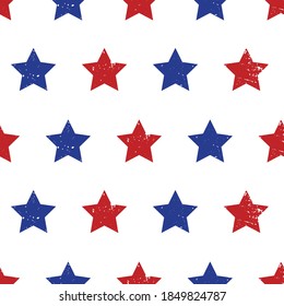 Blue red stars seamless vector background. Patriotic repeating pattern with stars grunge texture style