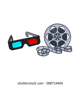 Blaue und rote Stereoskopie, 3D-Brille und Kinofilmrolle, Filmticket, Skizze, Vektorgrafik einzeln auf weißem Hintergrund. Kinoobjekte - 3D stereoskopische Brille und Filmrolle