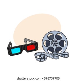 Blue and red stereoscopic, 3d glasses and cinema film reel, movie ticket, sketch vector illustration with place for text. Cinema objects - 3d stereoscopic glasses and motion picture film reel