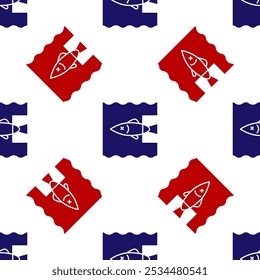 Blue and red Stop ocean plastic pollution icon isolated seamless pattern on white background. Environment protection concept. Fish say no to plastic.  Vector Illustration