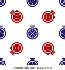 Blue and red Stopwatch with basketball ball inside icon isolated seamless pattern on white background. Basketball time. Sport and training.  Vector Illustration