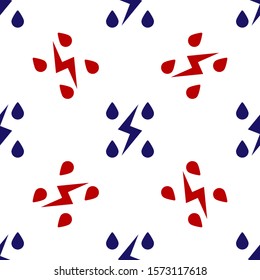 Blue and red Storm icon isolated seamless pattern on white background. Drop and lightning sign. Weather icon of storm.  Vector Illustration