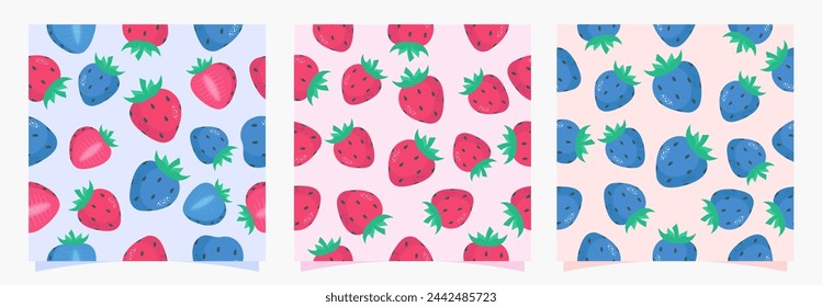 Blue and red strawberries seamless pattern set. Summer vector backgrounds in pastel colors.