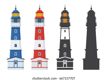 Blue and red striped lighthouse icon in different styles. Sea guiding light houses in flat and outline design. Searchlight or beacon cartoon illustration and silhouette.