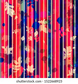 Blue and red striped seamless texture with leaves. Abstract vector background for web page, banners backdrop, fabric, home decor, wrapping