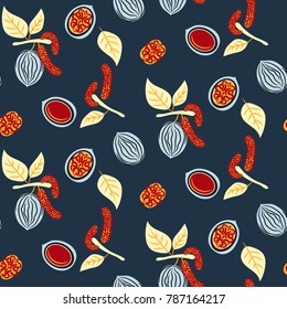 Blue and red stylized walnut vector seamless pattern. Cartoon style nut snack plant.