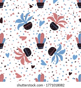 Blue and red succulents in pots on a seamless pattern. Vector pattern for design, packaging, scrapbooking.