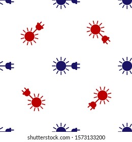 Blue and red Sun with electric plug icon isolated seamless pattern on white background. Energy saving concept.  Vector Illustration