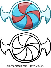Blue and red swirling round candy in transparent wrapper in colored and line versions. White background, vector.