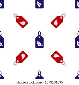 Blue and red Tag with leaf symbol icon isolated seamless pattern on white background. Banner, label, tag, logo, sticker for eco green.  Vector Illustration