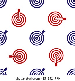 Blue and red Target with arrow icon isolated seamless pattern on white background. Dart board sign. Archery board icon. Dartboard sign. Business goal concept.  Vector Illustration