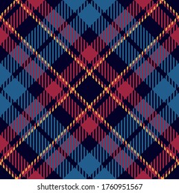 Blue red tartan plaid pattern vector. Seamless diagonal check plaid texture for skirt, bag, or other modern autumn winter fabric design.