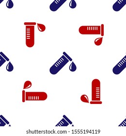 Blue and red Test tube or flask with drop of blood icon isolated seamless pattern on white background. Laboratory, chemical, scientific glassware sign.  Vector Illustration