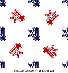 Blue and red Thermometer with snowflake icon isolated seamless pattern on white background.  Vector Illustration