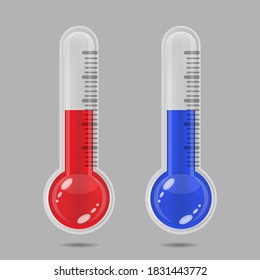 Termómetros azules y rojos. Los termómetros meteorológicos miden el calor y el frío. El termómetro del equipo muestra un clima cálido o frío. Ilustración del vector