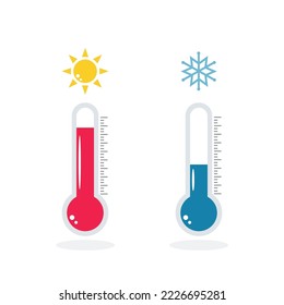 Blue and red thermometers with snowflake and sun isolated on white background. Thermometer  icon set. Low and high temperature sign. Vector illustration.