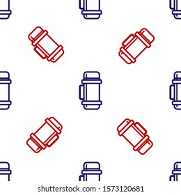Blue and red Thermos container icon isolated seamless pattern on white background. Thermo flask icon. Camping and hiking equipment.  Vector Illustration