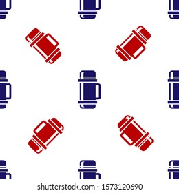Blue and red Thermos container icon isolated seamless pattern on white background. Thermo flask icon. Camping and hiking equipment.  Vector Illustration