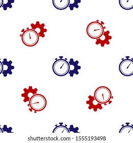 Blue and red Time Management icon isolated seamless pattern on white background. Clock and gear sign. Productivity symbol.  Vector Illustration