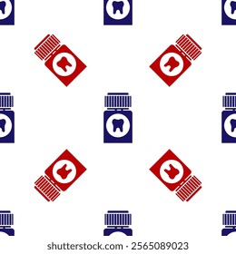 Blue and red Toothache painkiller tablet icon isolated seamless pattern on white background. Tooth care medicine. Capsule pill and drug. Pharmacy design.  Vector