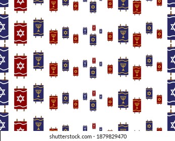 Blue Red Torah scroll with Gray star of David and Gold menorah seamless pattern on White background