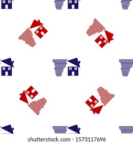 Blue and red Tornado swirl damages house roof icon isolated seamless pattern on white background. Cyclone, whirlwind, storm funnel, hurricane wind icon.  Vector Illustration
