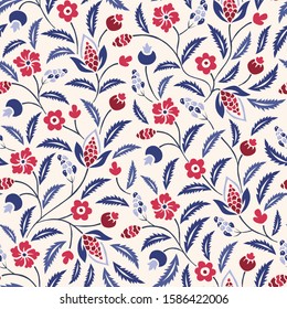 Blau und Rot Traditional Floral Chintz Vektorillustration Nahtlose Muster. Helle klassische Scrollblumen und Blatthintergrund Perfekt für Textilien und Mode.