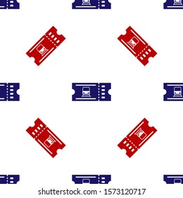Blue and red Train ticket icon isolated seamless pattern on white background. Travel by railway.  Vector Illustration