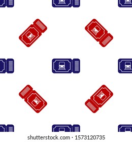 Blue and red Train ticket icon isolated seamless pattern on white background. Travel by railway.  Vector Illustration