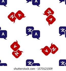 Blue and red Translator icon isolated seamless pattern on white background. Foreign language conversation icons in chat speech bubble. Translating concept.  Vector Illustration