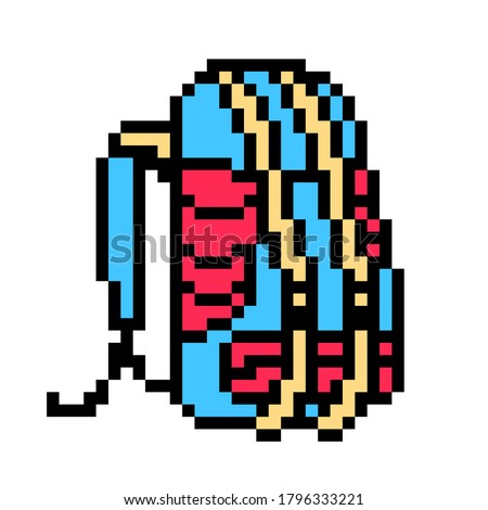Blue and red trekking rucksack, pixel art icon isolated on white background.  Hiking rucksack. Travelling equipment symbol. 8 bit old school vintage retro slot machine/video game graphics.