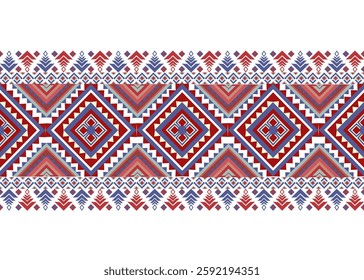Blue and red tribal geometric, ethnic pattern, native fabric decoration traditional. Design for fabric, art, wallpaper, textile, wrapping
