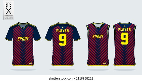 Blue and Red t-shirt sport design template for soccer jersey, football kit and tank top for basketball jersey. Sport uniform in front and back view. Tshirt mock up for sport club. Vector Illustration.