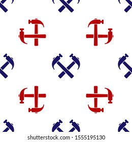Blue and red Two crossed hammers icon isolated seamless pattern on white background. Tool for repair.  Vector Illustration